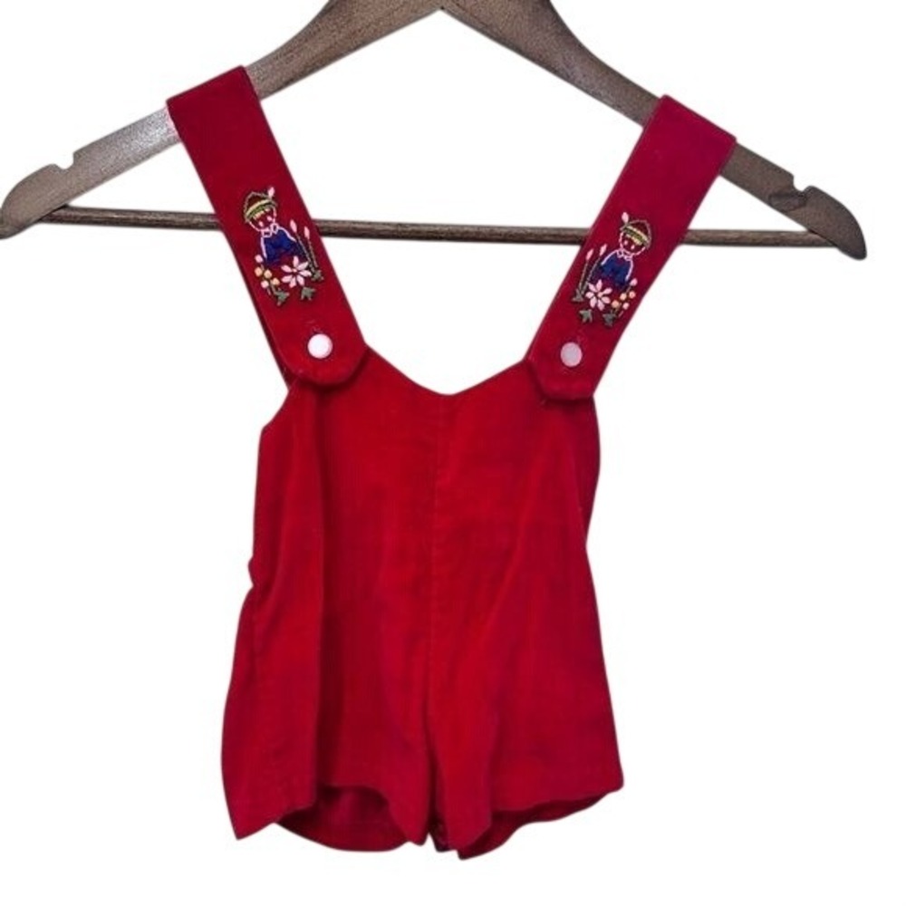 Vintage Baby 12M Red Velvet Switzerland Retro Embroidered Shortall Lederhosen‎